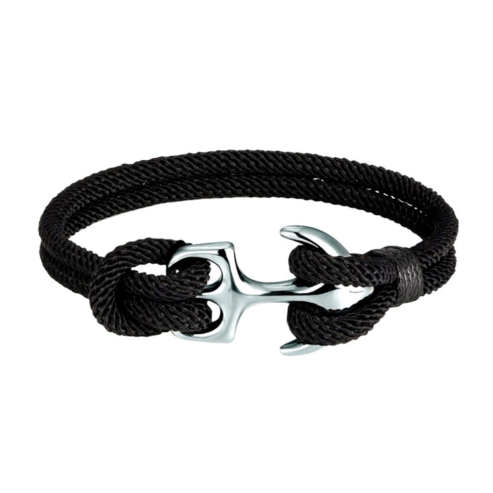 Black Roping Bracelet With Silver Anchor - Unisex